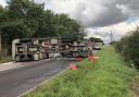 A lorry overturned in a crash on the A505 near Fowlmere
