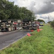 A lorry overturned in a crash on the A505 near Fowlmere