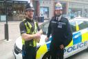 PC Freddie Tomalin on patrol in Cambridge with Superintendent James Sutherland (right)