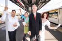 MP for Cambridge, Daniel Zeichner (second right) with actors Chakira Alin, Gaia Mondadori, and Hayley Canham at Cambridge station to launch Govia Thameslink Railway’s #enterTrainment campaign in partnership with regional theatres across its network.