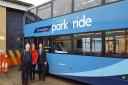 Councillor John Williams, left, and Andy Campbell with Councillor Susan van de Ven at Trumpington Park & Ride, which could be expanded if plans are approved. Picture: Courtesy of Susan van de Ven