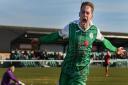 Jack Bowen's primal scream after breaking a scoring drought for Biggleswade Town. CREDIT MARTYN HAWORTH