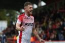 Ben Kennedy of Stevenage celebrates scoring his penalty in the League Two game between Stevenage FC v Colchester United at the Lamex Stadium, Stevenage, Hertfordshire. Picture: DANNY LOO