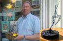 Owner Paul Bowes with the 'Mr Bumbles' sculture and (left) the 'Dance for Joy' sculpture