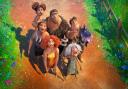 Sandy Crood (Kailey Crawford), Grug Crood (Nicolas Cage), Thunk Crood (Clark Duke), Gran (Cloris Leachman), Eep Crood (Emma Stone) and Ugga Crood (Catherine Keener) in DreamWorks Animation's The Croods: A New Age.