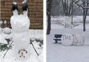 Residents enjoyed the snow across the county. Pictured: an upside down snowman in St Albans and an NHS-praising snowman in WGC.