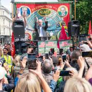 An RMT rally outside London King's Cross station in June 2022