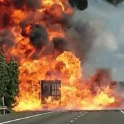 Aerosols on a lorry exploded after it caught fire on the M11 between Duxford and Stansted Airport