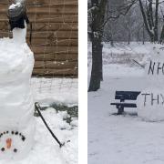 Residents enjoyed the snow across the county. Pictured: an upside down snowman in St Albans and an NHS-praising snowman in WGC.