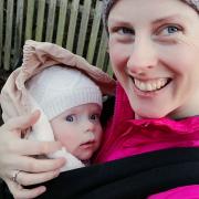 Tess Torjussen, who is taking on the walking challenge to help deaf children, with her baby son Lucas