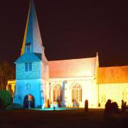 The Church of St Peter and St Paul in Steeple Morden was lit up in the colours of the Ukrainian flag