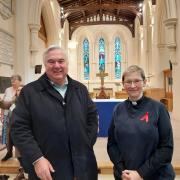 Sir Oliver Heald with Reverend Heidi Huntley at the reopening of St John the Baptist Church in Royston