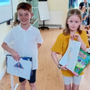 Kite design competition winners Elliott and Evelyn