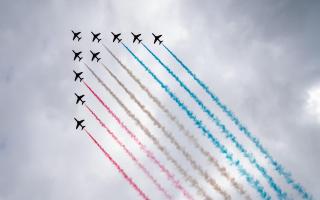 The Red Arrows perform a flypast during Armed Forces' Day at the National Memorial Arboretum in Staffordshire on Saturday, June 26, 2021. The Red Arrows are due over Wembley ahead of the Euro 2020 Final.